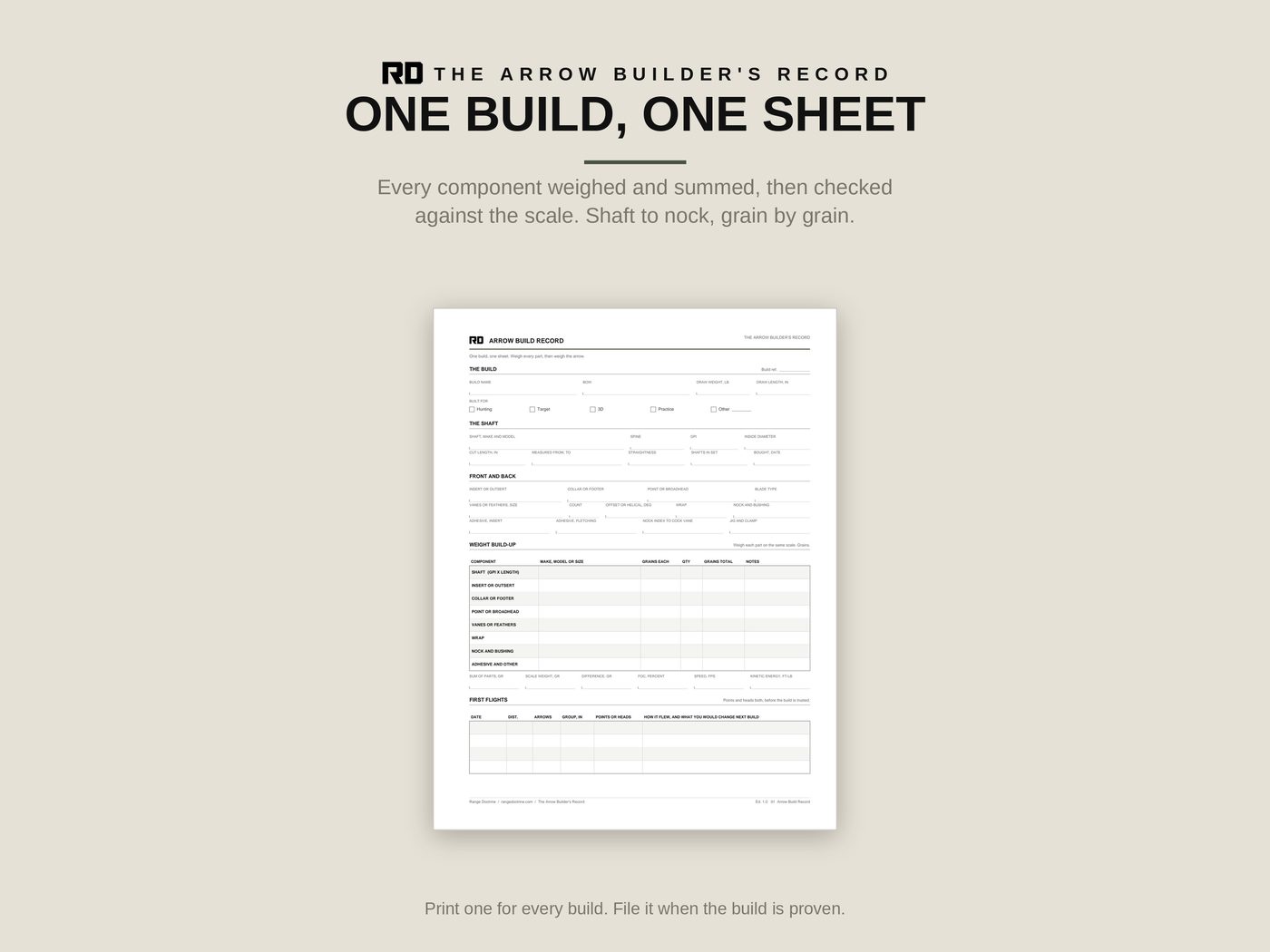 Arrow Build Record: the arrow summed component by component, checked on the scale