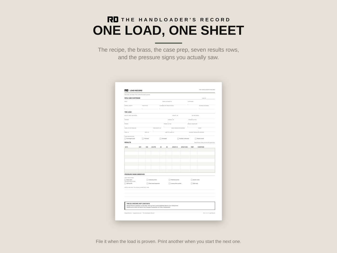Load Record: one load per sheet, recipe, prep and seven rows of results