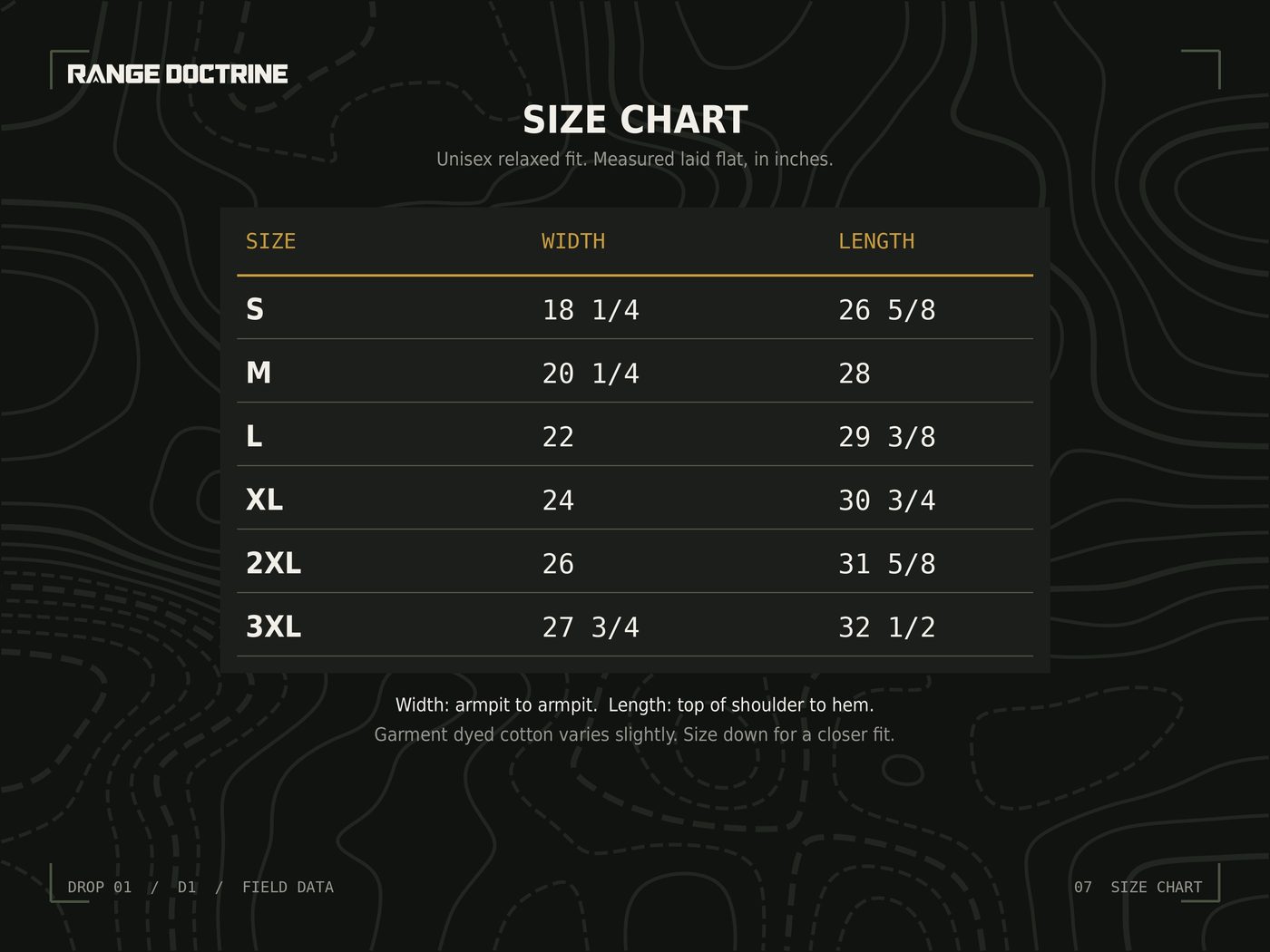 Size chart, laid flat