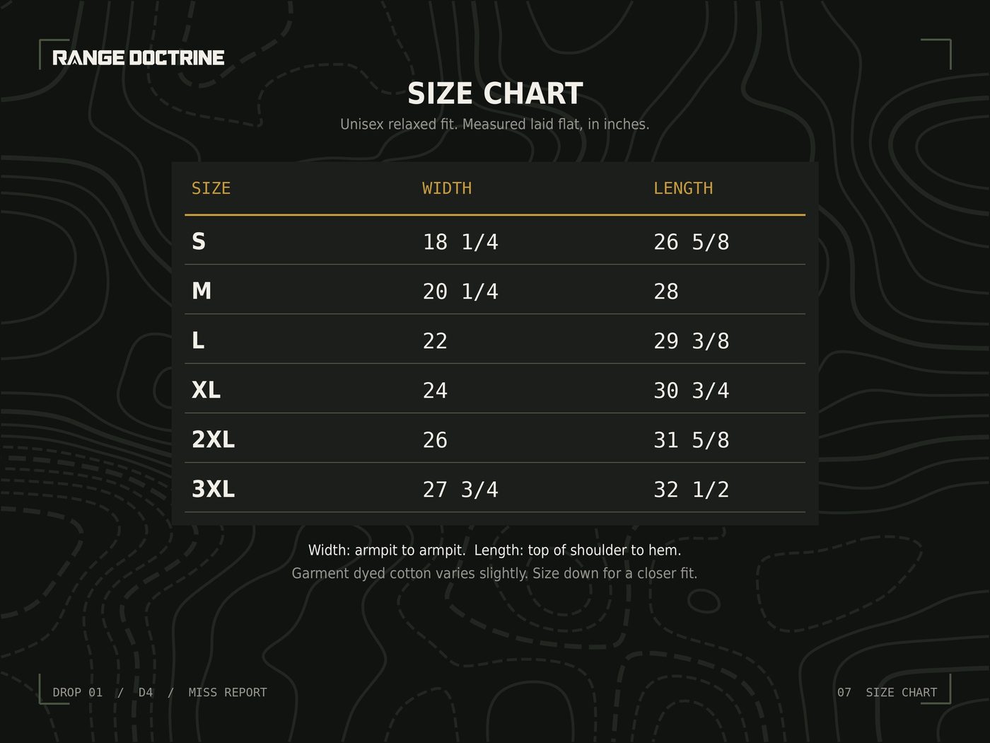 Size chart, laid flat