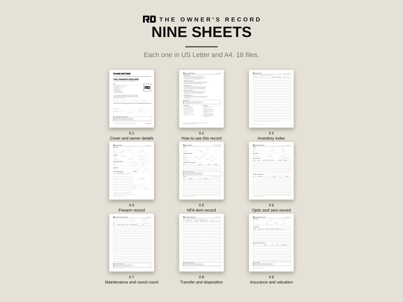 All nine sheets, each supplied in US Letter and A4