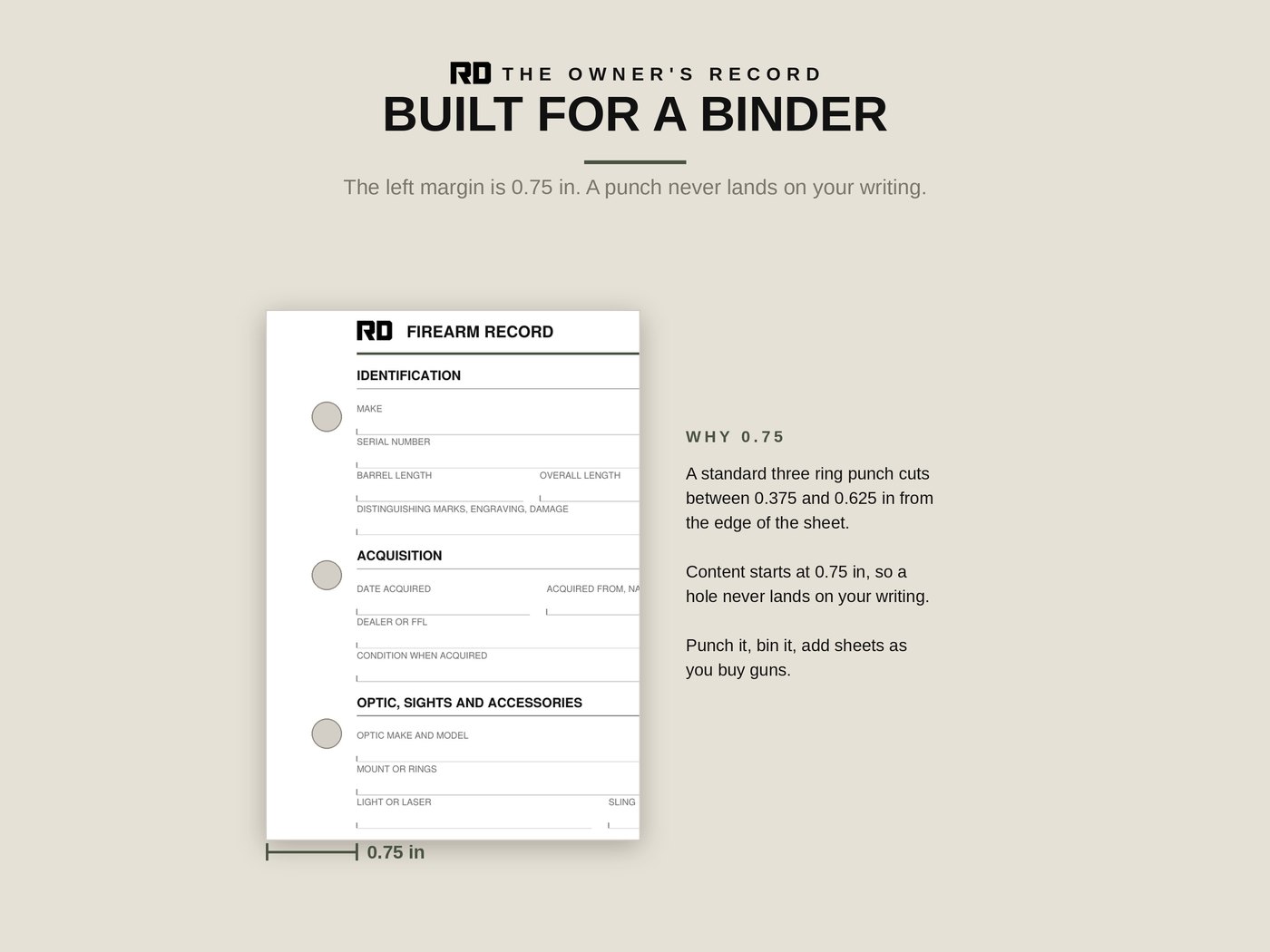 Built for a binder: 0.75 inch left margin, so a punch never lands on your writing