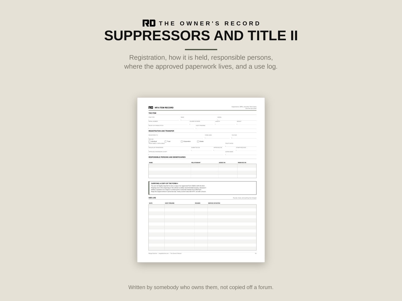 NFA item record: registration, responsible persons, and a use log